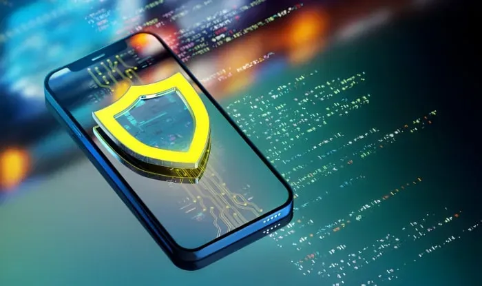 Smartphone displaying a shield as a security symbol